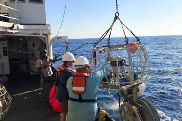 three scientists deploying a camera from a ship deck