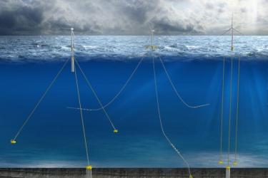 A color graphic showing three wind energy turbines floating upright at the ocean surface and moored to the ocean bottom using different types of mooring lines and anchors.