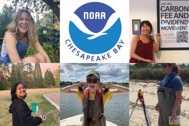 A grid of six blocks: Five are images of smiling young women showing their enthusiasm for NOAA science and healthy habitat; one is the NOAA Chesapeake Bay Office logo