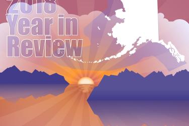 Graphic showing ocean and mountains against a sunset with the words 2018 Year in Review on the top