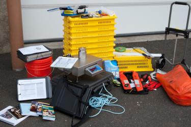 Standard equipment that observers take on each trip, approximately $13,000 worth of supplies. Credit: NOAA Fisheries
