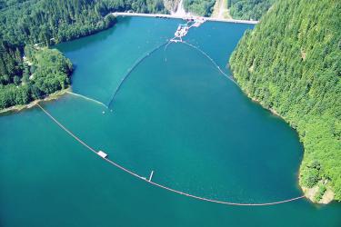 Surface collector spanning a lake, view from the air