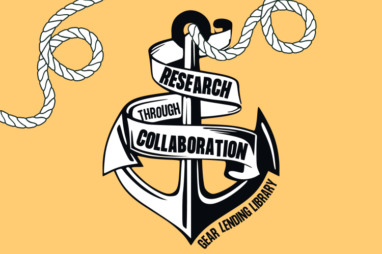A ship’s anchor rendered in black-and-white ink on a yellow field. There is a rope through the ring at the top of the anchor. A banner wrapped around the anchor reads “research through collaboration”. At lower right, a label reading “gear lending library” snakes along the anchor’s arm. 