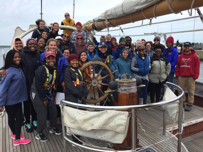 PEP students and ship's crew pose for a photo aboard the SSV Corwith Cramer in 2018.