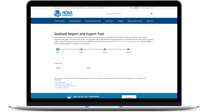 Seafood Import and Export Tool shown on a laptop. 