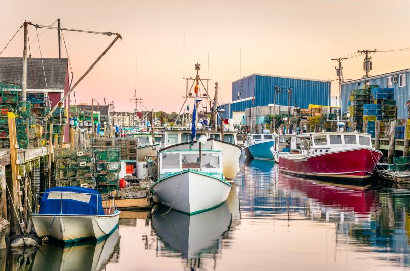 Portland fishing harbor at sunset