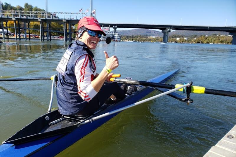 Laura Dias finishing a race in a single scull at the Head of the Hooch Regatta in Chattanooga, Tennessee. 