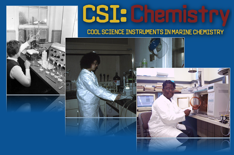 image shows three panels arranged left to right and from background to foreground. All three panels show scientists working in front of laboratory equipment. At the top the panel is labeled CSI Chemistry: Cool Science Instruments in Marine Chemistry.