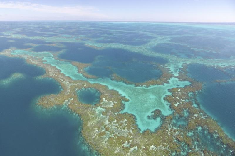 An aerial image of the reticulated coral reefs referred to as the “maze” at Manawai (Pearl and Hermes Atoll), a high-density debris accumulation hotspot. 