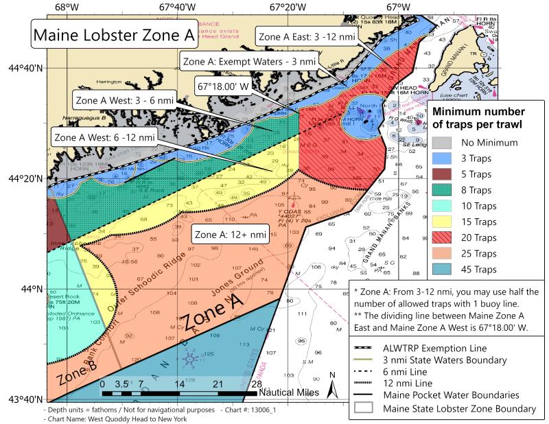 Maine Zone A lobster traps per trawl minimum map