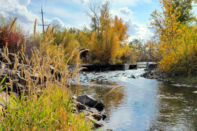 River surrounded by folliage turning color for the fall