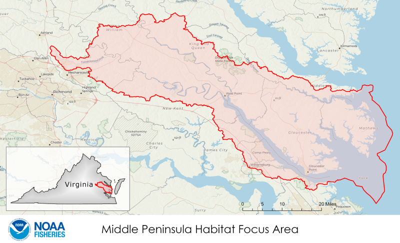 Map showing boundaries and location of the NOAA Middle Peninsula Habitat Focus Area in Virginia