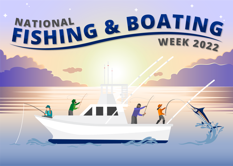 Graphic of people fishing off a boat, with a woman angler catching a marlin who is jumping out of the water