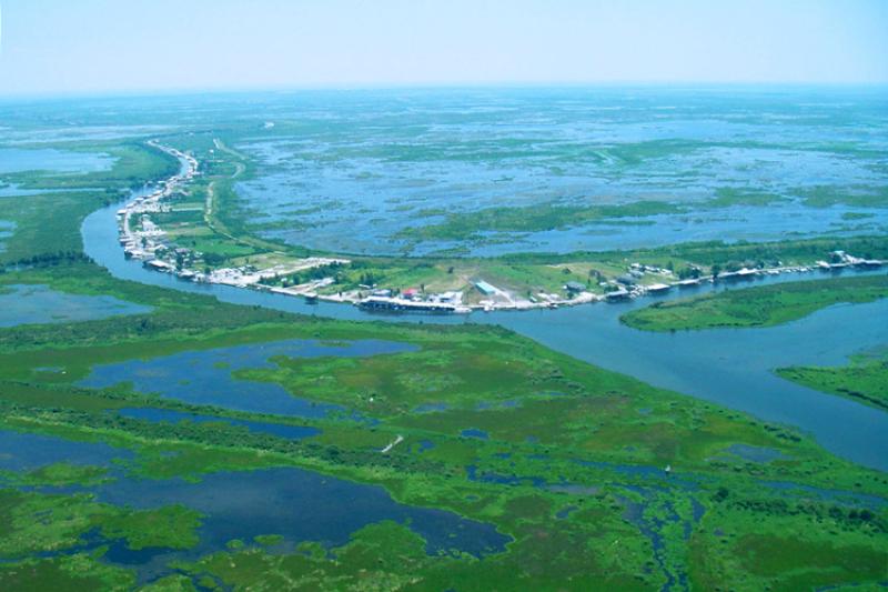 Aerial view of buildings lining the water, surrounded by wetlands