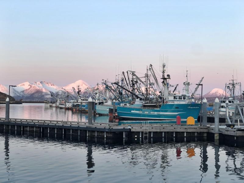 Harbor with trawl vessels and snowcapped mountains