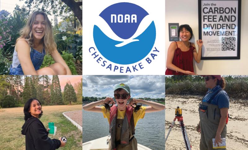 A grid of six blocks: Five are images of smiling young women showing their enthusiasm for NOAA science and healthy habitat; one is the NOAA Chesapeake Bay Office logo