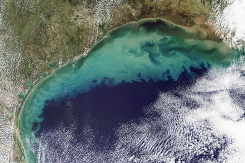 Aerial view of the western Gulf of mexico showing the land and water with swirls of lighter blue green near the coast