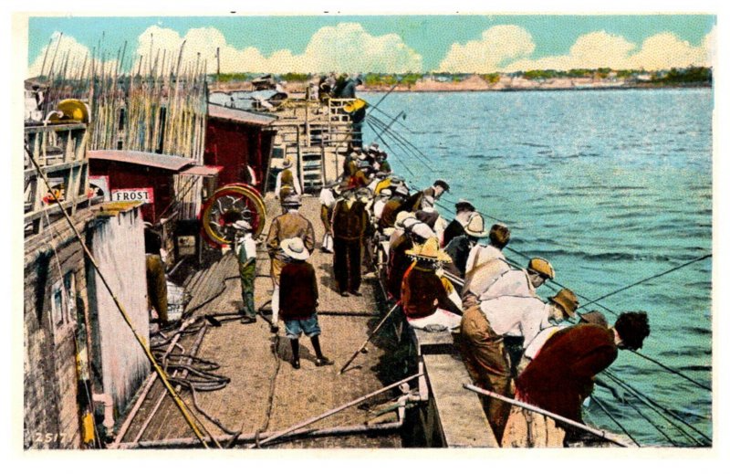 People fishing on barge off of Redondo Beach, California.