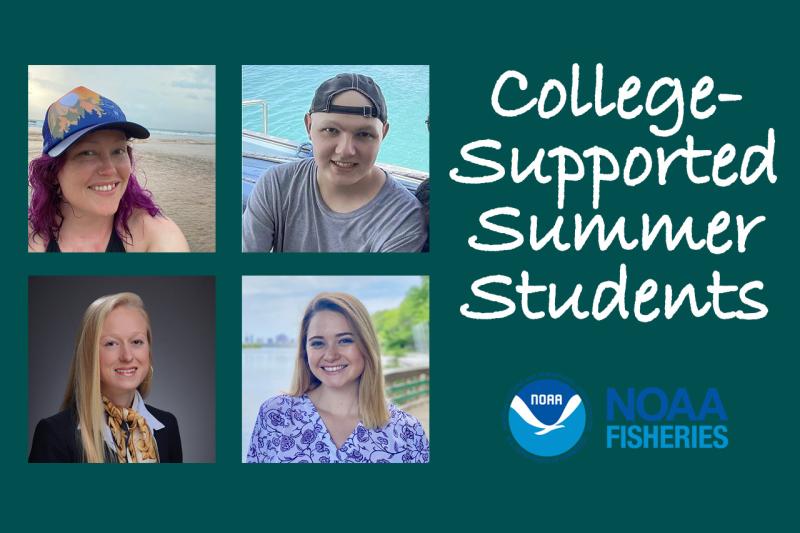  Graphic with 4 small square photos of students of various races, ethnicities and genders. Some are headshots, some are action photos in nature. “College-Supported Summer Students.” NOAA Fisheries logo.