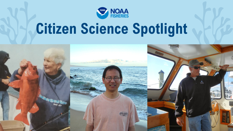 Photos of three people appear side by side - a woman holding a bright red-orange fish, a man with glasses, and a man on a boat. The header of the photo reads "Citizen Science Spotlight."