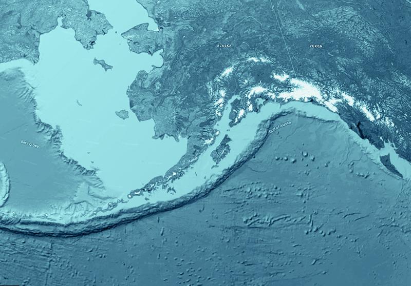 Topographic map of the Gulf of Alaska, Aleutian Islands and Bering Sea.