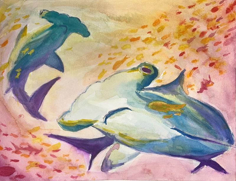 Watercolor painting of two scalloped hammerhead sharks and small fishes in the background.