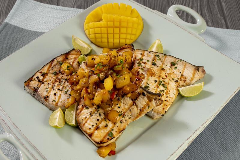 Grilled swordfish with mango chutney. 
