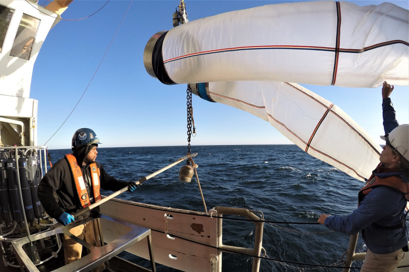 Bongo nets being retrieved by two crew members.