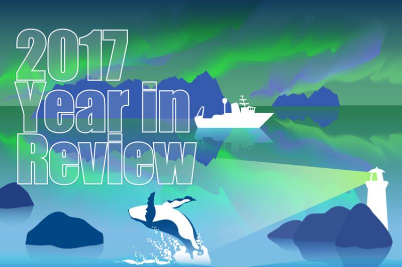 Graphic of a lighthouse shining a light on a whale breaching with islands and a ship in the distance.