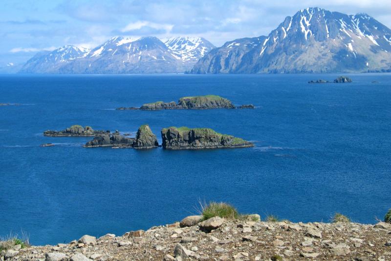 Adak Island with mountains in the background