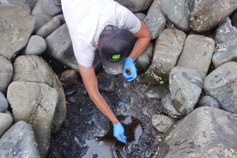 Man in white shirt and black hat reaching into a puddle to gather a sample