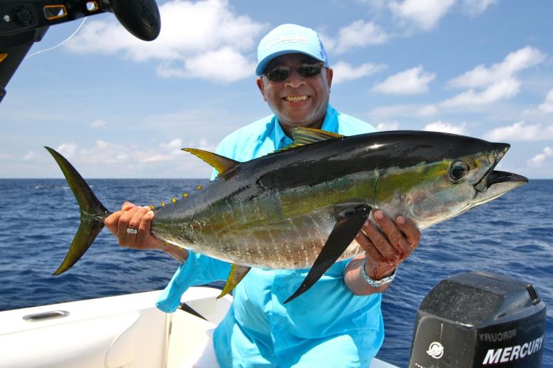 Man in blue shirt on stern of boat holding large fish. 