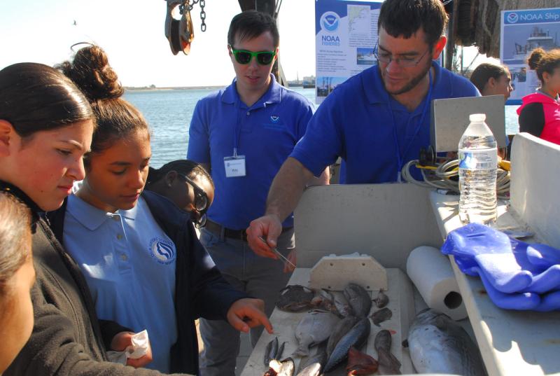 Crew describing fish samples to guests on the Gloria Michelle.