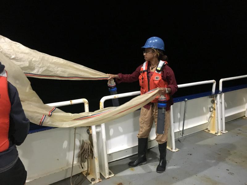 Pulling bongo nets on board, student in blue hardhat and safety gear. 