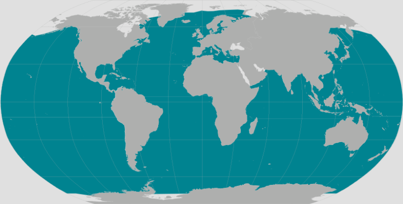 Gray and teal world map showing the range of sperm whales. Teal covers most of the map except the poles. 