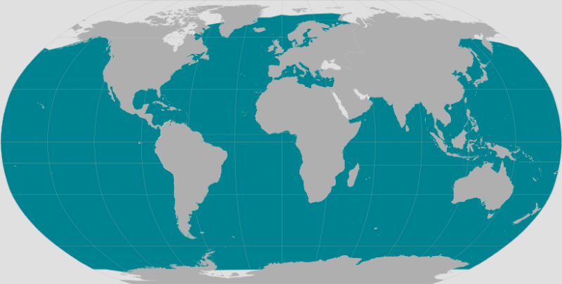 Gray and teal world map showing the range of sperm whales. Teal covers most of the map except the poles.