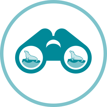 A circular graphic showing a pair of binoculars with the image of a seal in the lens