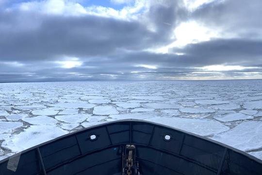 Prow of ship with dense sea ice and sky in background.